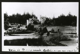 Postcard of Hatley Castle and ponds. Handwritten caption reads 'This is Dunsmuir Castle where we ...