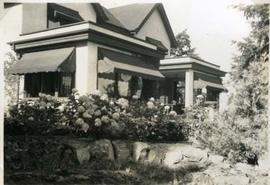 Journey's End, rear terrace and hydrangeas