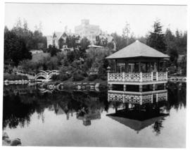 Hatley castle from South west, from Japanese Garden, pavilion is possibly newly completed