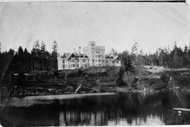 Ground being prepared for Italian garden and croquet lawn. View from lower pond looking northeast