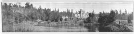 panoramic photo of Hatley Park from garden ponds. Italian garden is under construction