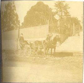 man in carriage outside a gate