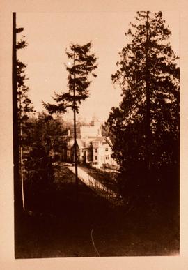 Hatley Castle through the trees from the northwest