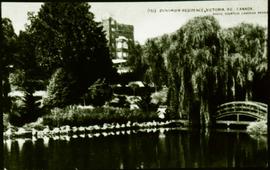 Postcard of the Japanese Garden, Hatley Park. Caption reads: Dunsmuir Residence, Victoria, BC, Canada photo courtesy Canadian Nation[al Railway]