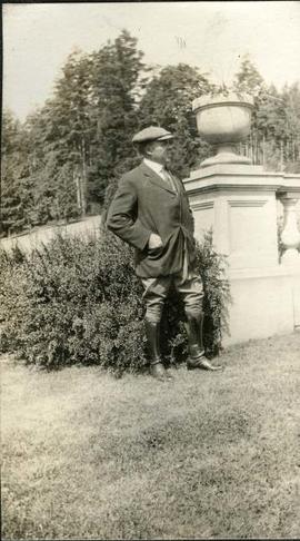 William Edward John ("Fred") Mann, coachman, Hatley Park by the Neptune Steps