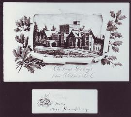 Christmas card with image of Hatley Castle newly completed. Label below card says 'from Mrs Humphreys'