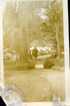 Laura Dunsmuir on a garden path, Hatley Park