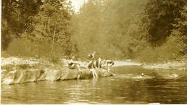 group on a riverbank, some swimming